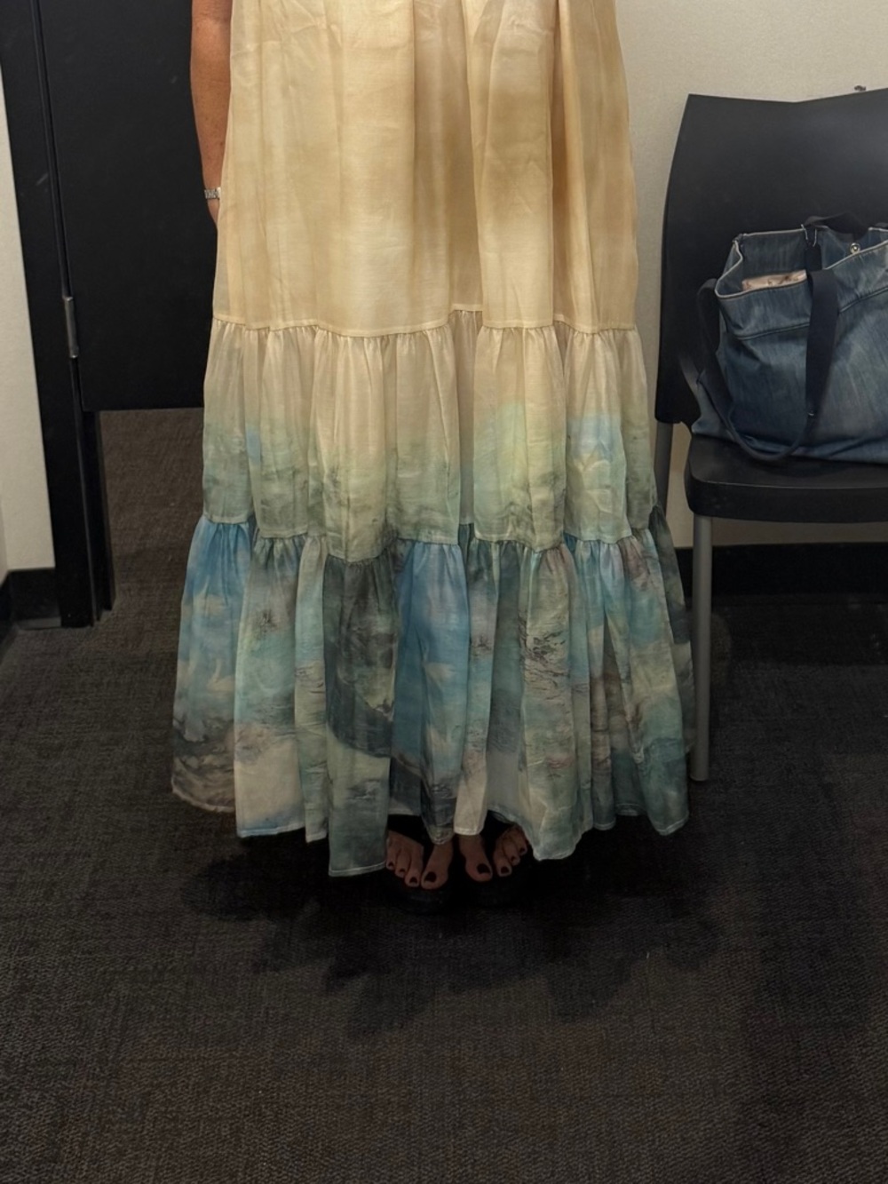 Halter Maxi Dress in Light Yellow with Ombre Blue Tiered Hem